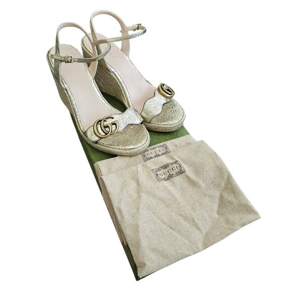 Gucci GG Aitana Marmont Espadrille Wedge Sandal Gold Leather Size 36.5 US 6.5 - Picture 11 of 11